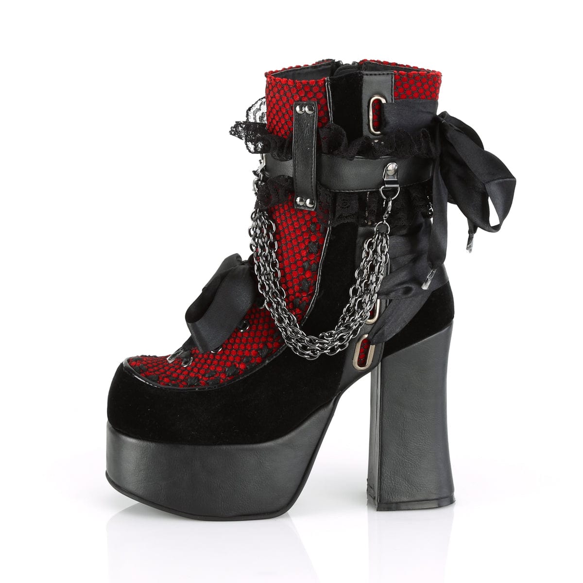 CHARADE-110 Black Vegan Leather -Red-Black Velvet-Fishnet Overlay