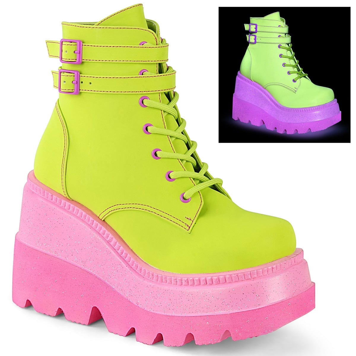 SHAKER-52 Lime Reflective Vegan Leather/Pink Boot Demonia US Size (Women's): 5