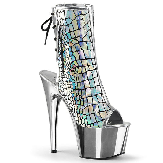 ADORE-1018HG Silver Hologram Ostrich Pu/Silver Chrome Ankle Boot Pleaser US Size (Women's): 5