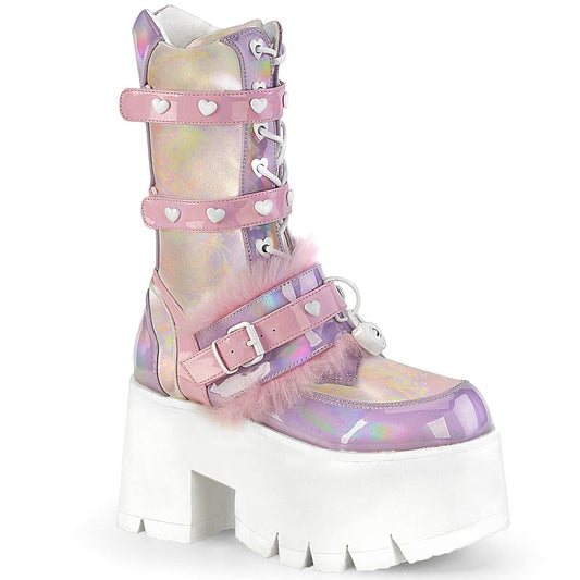 ASHES-120 Baby Pink-Lavender Hologram graphic Patent Mid-Calf Boot Demonia US Size (Women's): 6