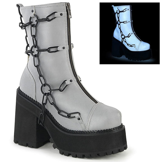 ASSAULT-66 Grey Reflective Vegan Leather Ankle Boot Demonia US Size (Women's): 6