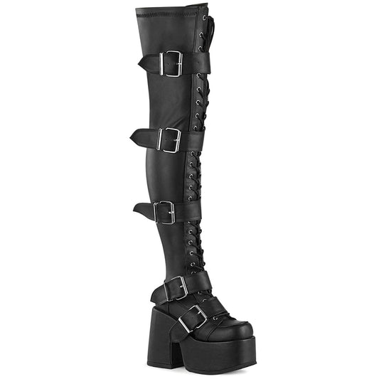 CAMEL-305 Black Stretch Vegan Leather Thigh Boot Demonia US Size (Women's): 6