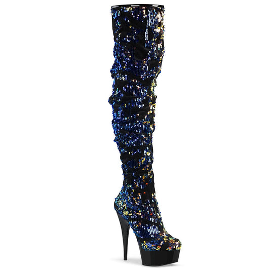 DELIGHT-3004 Blue Iridescent Sequins/Black Thigh Boot Pleaser US Size (Women's): 5