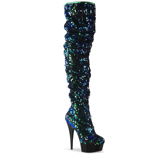 DELIGHT-3004 Green Iridescent Sequins/Black Thigh Boot Pleaser US Size (Women's): 5