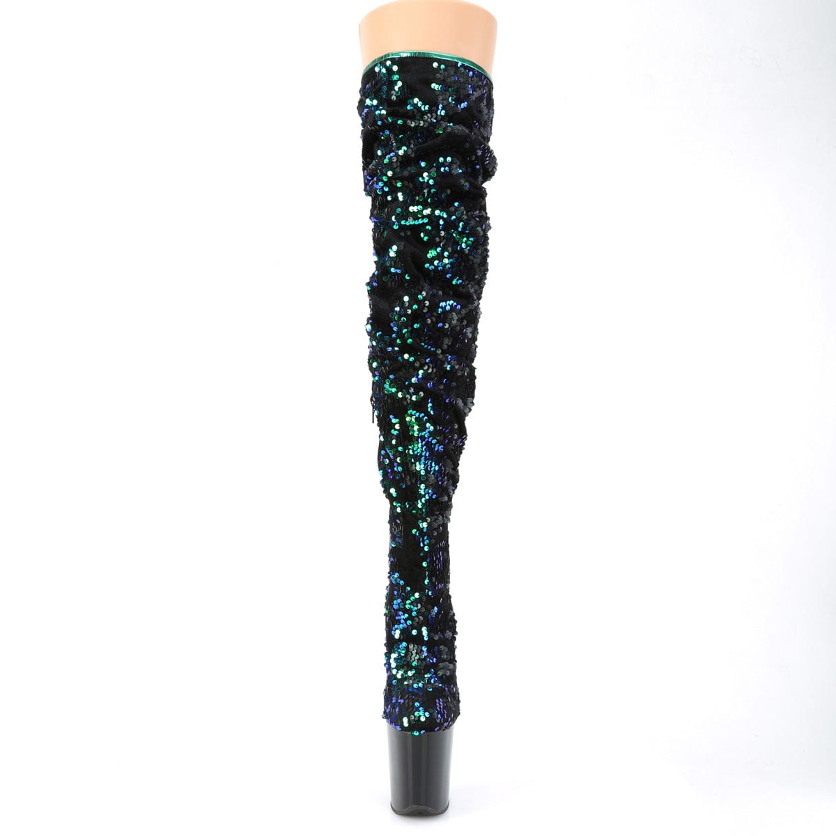 FLAMINGO-3004 Green Iridescent Sequins/Black Thigh Boot Pleaser US Size (Women's): 5