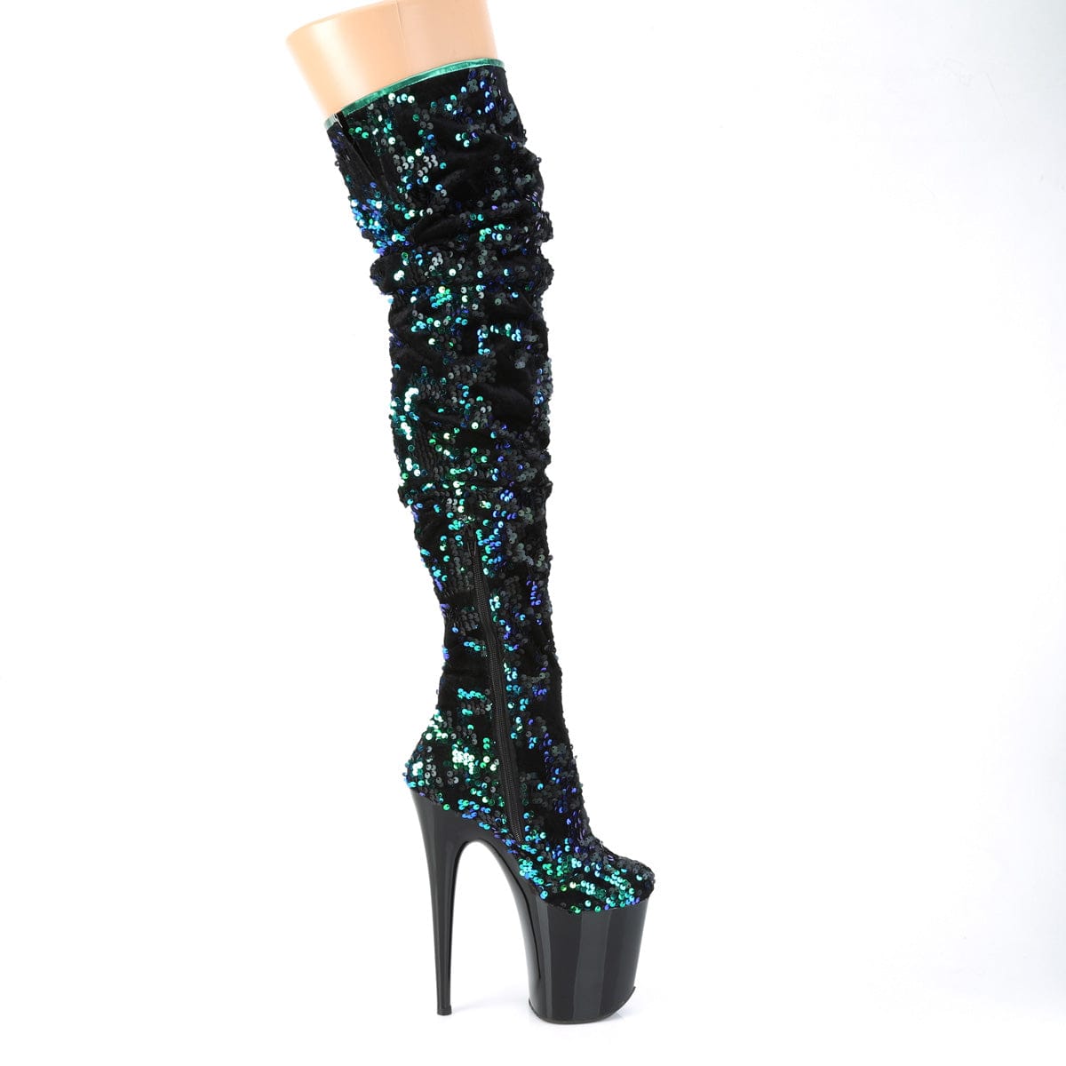 FLAMINGO-3004 Green Iridescent Sequins/Black Thigh Boot Pleaser US Size (Women's): 5