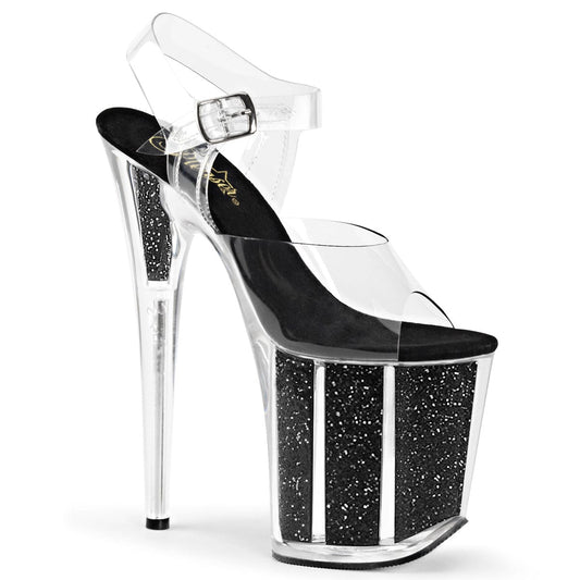 FLAMINGO-808G Clear/Black Glitter Platform Sandal Pleaser US Size (Women's): 5