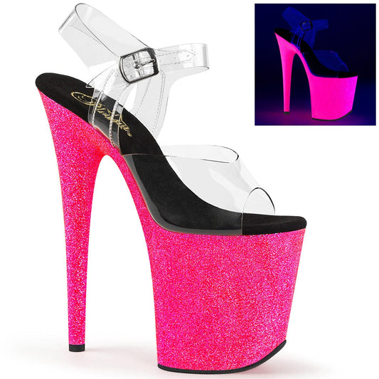 FLAMINGO-808UVG Clear/Neon Hot Pink Glitter Platform Sandal Pleaser US Size (Women's): 5