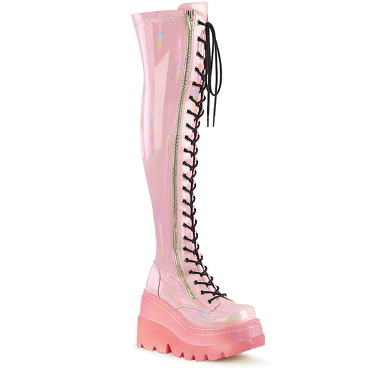 SHAKER-374-1 Baby Pink Hologram Stretch Patent Thigh Boot Demonia US Size (Women's): 6