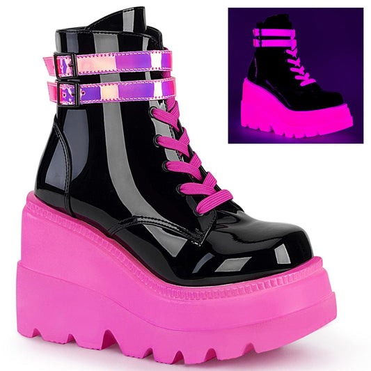 SHAKER-52 Black Patent -UV Neon Pink Ankle Boot Demonia US Size (Women's): 5