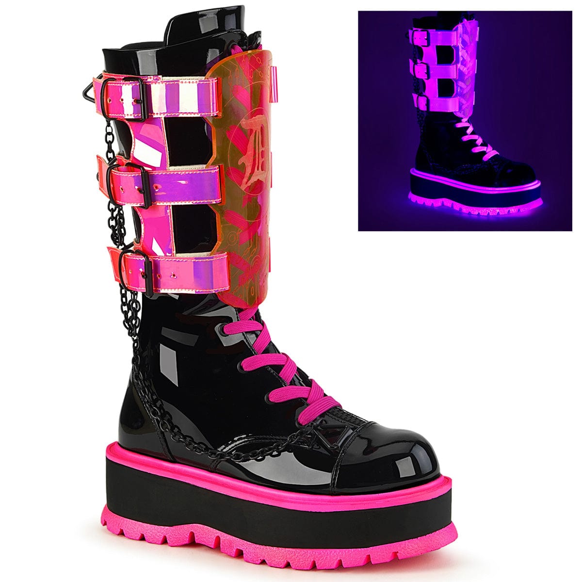 SLACKER-156 Black Patent-UV Neon Pink Mid-Calf Boot Demonia US Size (Women's): 6