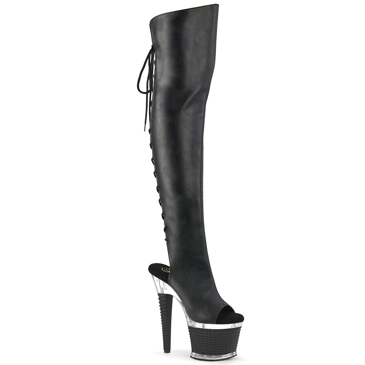 SPECTATOR-3019 Black Faux Leather/Clear-Black Matte Thigh Boot Pleaser US Size (Women's): 6