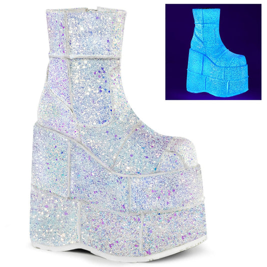 STACK-201G White Multi Glitter Ankle Boot Demonia US Size (Unisex/Men's): 4