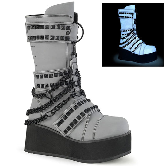 TRASHVILLE-138 Grey Multi Reflective Vegan Leather Mid-Calf Boot Demonia US Size (Unisex/Men's): 4