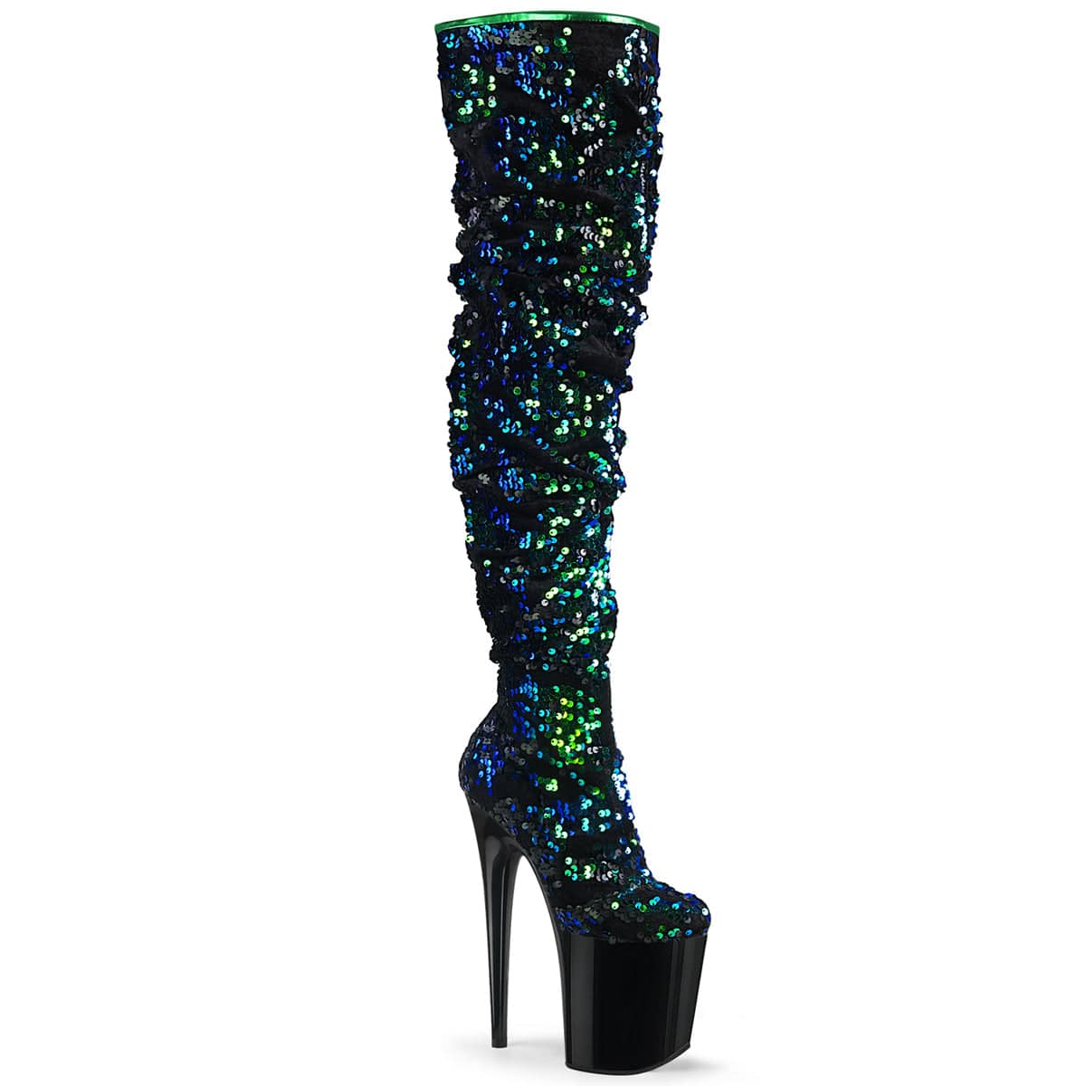 FLAMINGO-3004 Green Iridescent Sequins/Black Thigh Boot Pleaser US Size (Women's): 5