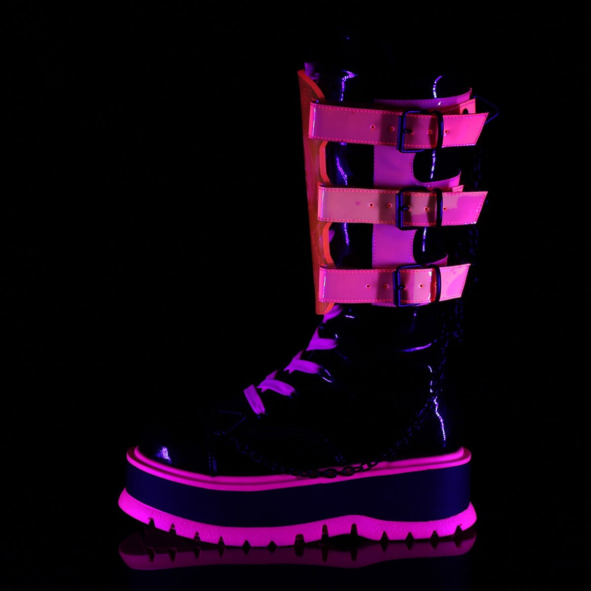 SLACKER-156 Black Patent-UV Neon Pink Mid-Calf Boot Demonia US Size (Women's): 6