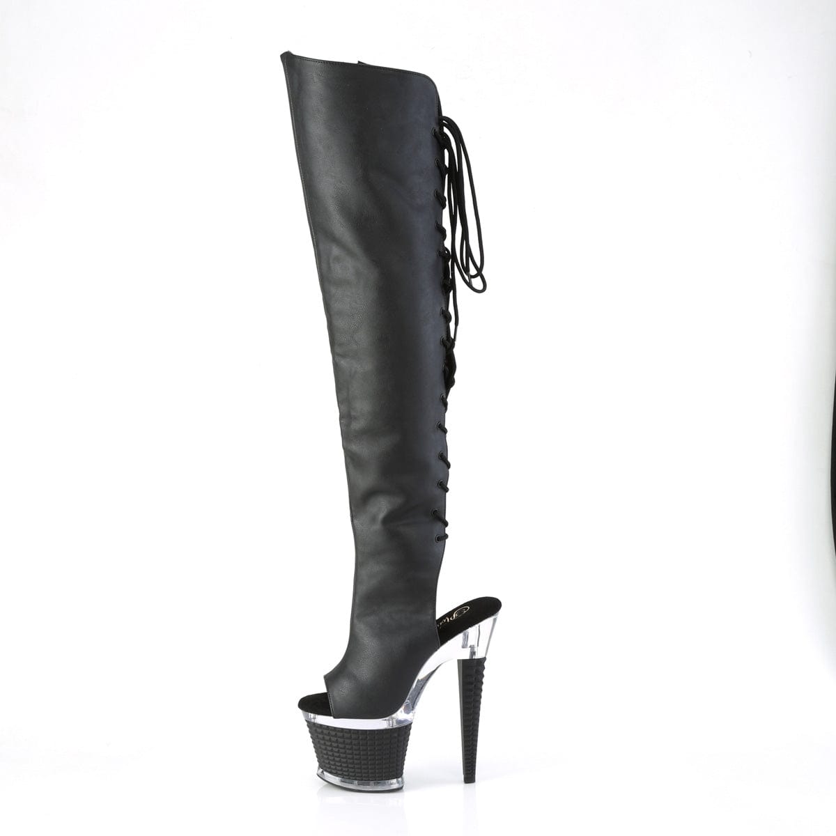 SPECTATOR-3019 Black Faux Leather/Clear-Black Matte Thigh Boot Pleaser US Size (Women's): 6